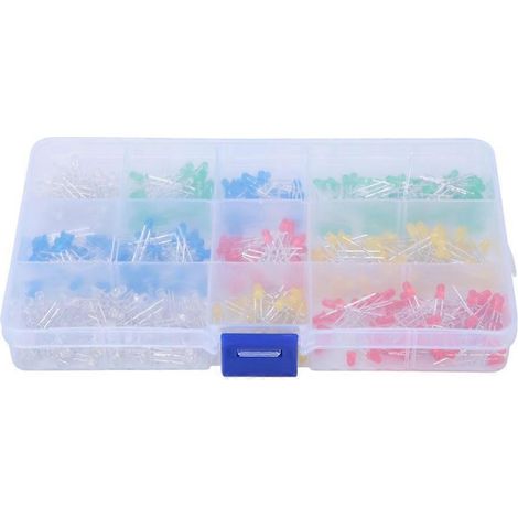 500 Stück blaue/gelbe/rote/grüne/weiße 3-mm-Rundkopf-LED-Leuchtdioden-Sets (Box)
