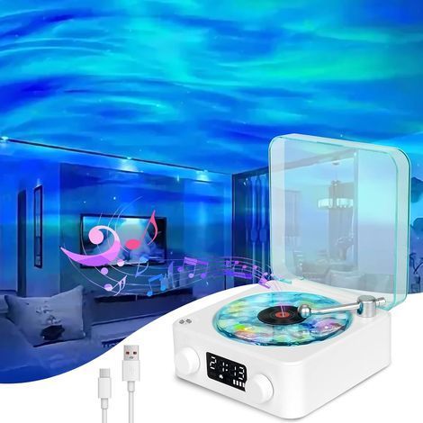 Lecteur vinyle avec lampe à vagues d'eau, tourne disque vinyle Bluetooth portable sans fil rétro pour chambre à coucher, bureau, fête (blanc) (1/5)
