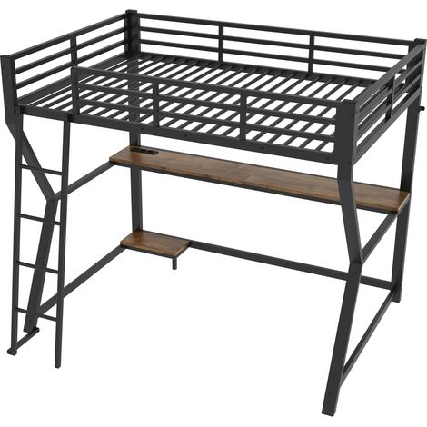 Letto a soppalco 90 x 200 cm con LED, scrivania, presa USB, metallo e MDF, nero - MODENUIT (1/5)