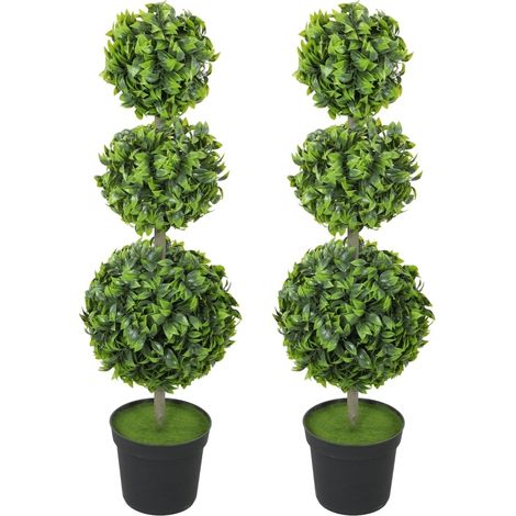 Set de 2 árboles artificiales en esfera con maceta, hojas de plástico, verde, 100 cm (1/5)