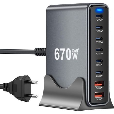 670W USB C Ladegerät, 8 Ports Schnellladegerät Ladegerät für MacBook Pro/Air,iPad Pro/Air,Sumsung USW-Schwarz (1/5)