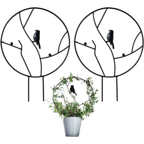 Lot de 2 treillis de jardin en fer pour plantes grimpantes, petit treillis antirouille de 40,6 cm pour plantes d'intérieur en pot, treillis rond avec oiseau – Noir (1/4)