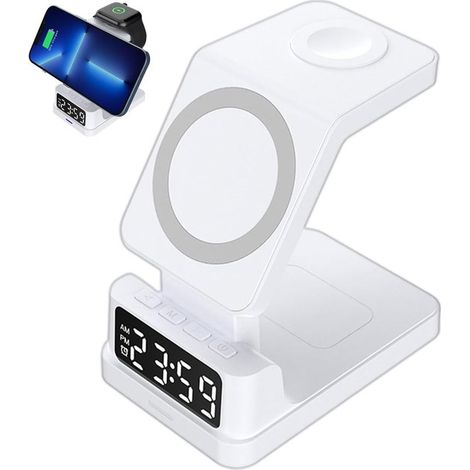 Réveil numérique avec station de charge - Réveil sans fil - Charge rapide 15 W - Blanc (1/5)