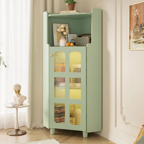 Meuble de salle de bain d'angle LED, meuble de rangement haut 2-en-1 (étagère + vitrine 2 niveaux), éclairage APP, MDF laqué vert (1/5)