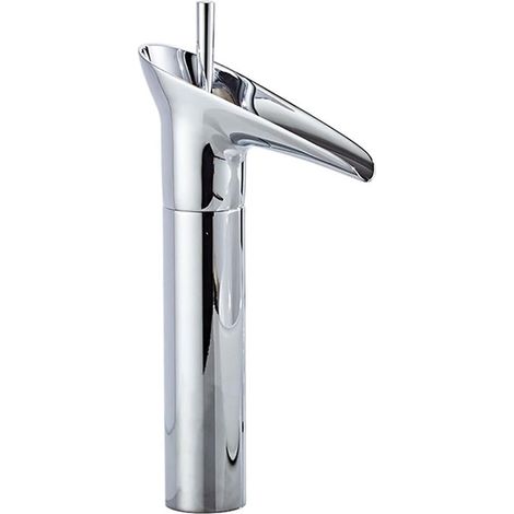 Robinet de lavabo cascade à poignée unique, montage sur plage, robinet de lavabo vasque monotrou, pour eau chaude et froide(Brillant, haut) (1/5)