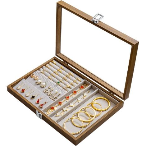 Coffret à bijoux en bois de poirier, boucles d'oreilles, clous d'oreilles, colliers, bagues, bracelets, coffret à bijoux en velours doré (1/4)
