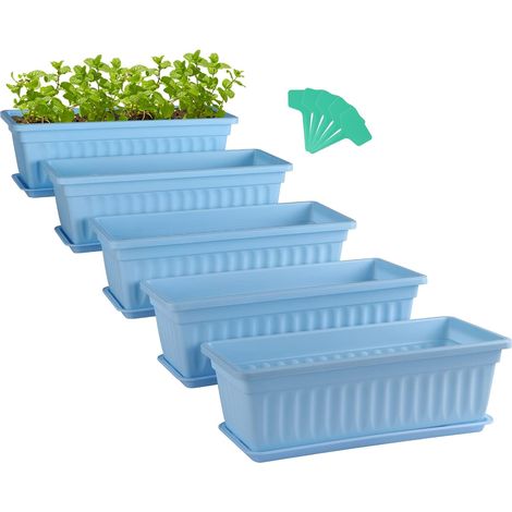 Skelang 5 Pcs pots de fleurs rectangulaires 42,7cm, support pour plante avec plateau, jardinière de jardinage avec étiquette, boîte de seuil de fenêtre pour plantes grasses, herbes, fleurs (Bleu ciel)