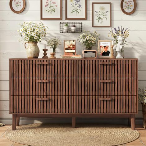 Sideboard aus Massivholz 100x34x73 cm, mit 6 Schubladen, Design mit vertikalen Streifen, Oberfläche aus natürlichem Nussbaumholz, ideal für Wohn- und Esszimmer