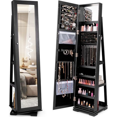 Armadio portagioielli girevole a 360° con specchio, Organizer gioielli 2 in 1 a figura intera Nero (1/4)
