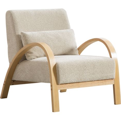 Fauteuil lounge en tissu chenille beige avec structure en bois massif pour salon et chambre (1/5)