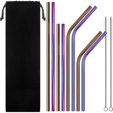 Lot de 8 pailles en acier inoxydable de 6 mm, courbées et droites, compatibles avec les gobelets isothermes Rtic Tumbler Yeti ou Ozark Trail Ramblers de 590 ml et 890 ml, avec 2 goupillons de nettoyag (1/4)
