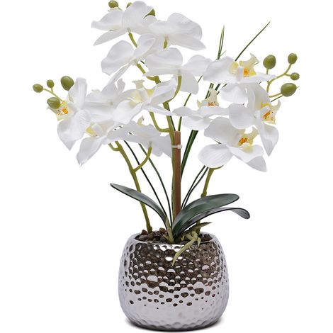 Phalaenopsis artificielle en pot – Blanc, fleurs en tissu, pot céramique – 36×39 cm – Pour décoration intérieure (1/5)