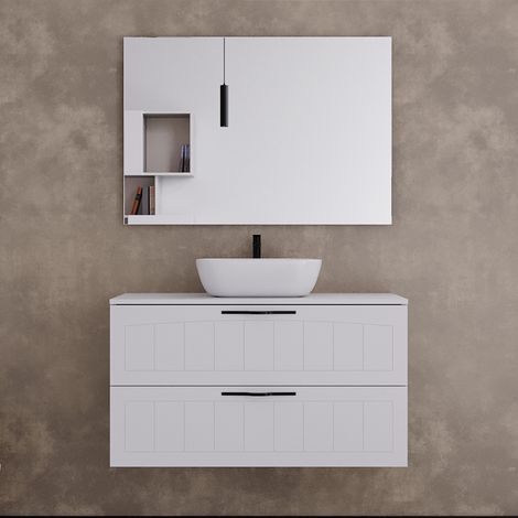Meuble de salle de bain 100cm avec plateau et vasque à poser ovale - 2 tiroirs - blanc - PIA (1/5)
