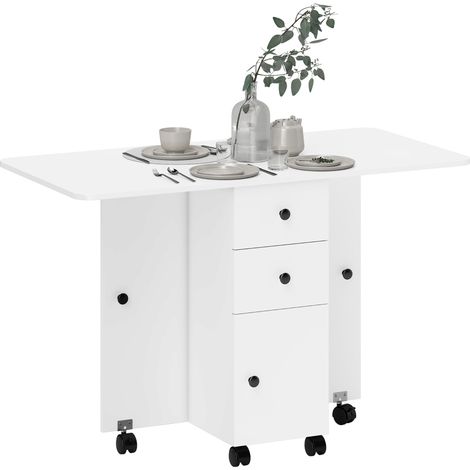Klappbarer Küchentisch mit 2 ausklappbaren Ablagen, 2 Schubladen und 1 Schrankfach, praktischer Stauraum, weißes Design, ideal für kleine Räume.