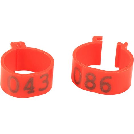 100 anneaux de patte numérotés en plastique rouge de 16 mm (001-100) pour volailles (poulets, canards, oies) (1/5)
