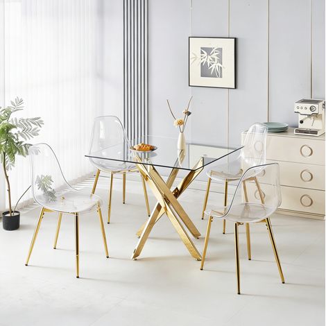 Juego de comedor de 5 piezas, respaldo alto, patas doradas, metal y terciopelo dorado (1/5)