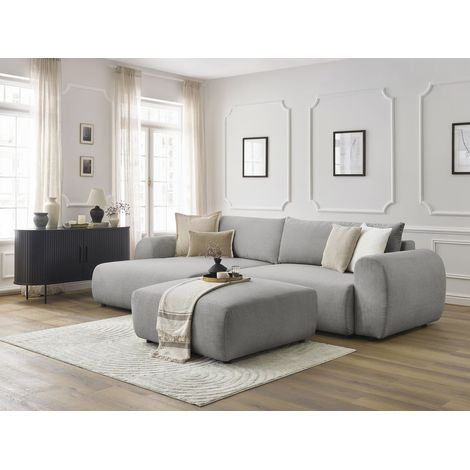 BOBOCHIC - Canapé d'angle convertible coffre LUCIEN tissu lisse avec pouf Angle gauche  Gris clair (1/5)