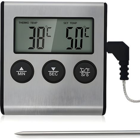 Termometro digitale da forno per cucina/cibo, sonda in acciaio inox, timer e funzione allarme, argento (1/4)