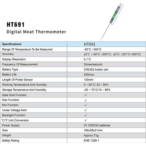 Thermomètre Digital à Lecture Instantanée HABOTEST pour Cuisson Viande Grillage BBQ avec Longue Sonde HT691 Blanc (1/4)