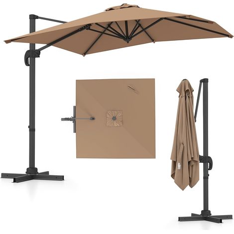 Costway – Parasol déporté carré 2,4 x 2,4 m – Rotation 360° – 5 inclinaisons réglables – Tissu polyester résistant à la décoloration – Pied croisé stable