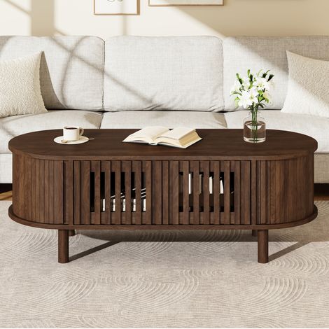 MODFU – Table basse ovale 100x40x38 cm MDF – 2 portes à lattes et porte coulissante – Rangement et charge 30 kg – Salon – Noyer (1/5)