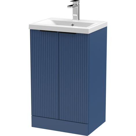 Fluted Front Floor Standing 2 Soft Close Door Bathroom Vanity Unit with 1 Tap Hole Basin, 500mm, Satin Blue, Black Handles (1/5)