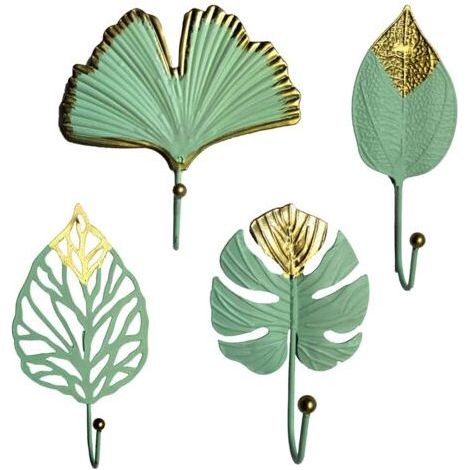 Cintres 4 pcs Métal Mini Support Mural avec Style en Forme de Feuille pour Vêtements Sac à Main Écharpe Clés Cintres - Vert (1/5)