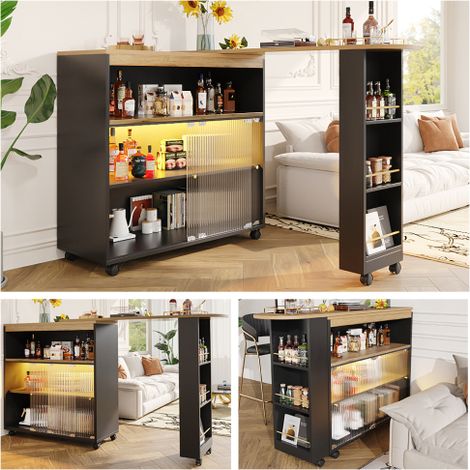 Table de bar extensible 138-204×39×105cm noire MDF avec rangements multiples bandeau LED multicolore roulettes mobiles porte-verres côté charge 60kg table haute cuisine îlot bistrot (1/5)