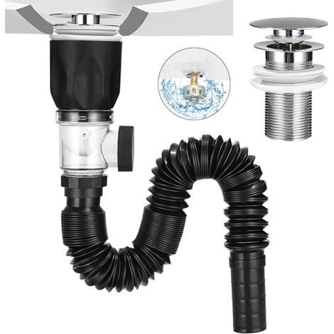 Kit de desagüe para lavabo, sifón para lavabo con tapón de vaciado y filtro y tubo flexible de vaciado, retráctil 300-1000 mm, para baño y cocina, resistente a olores e insectos (1/5)