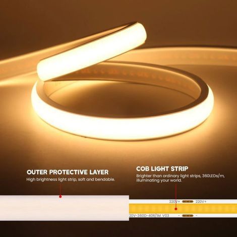 Bandeau LED COB 220V, Ruban LED Néon Flexible Étanche IP65, 288 Leds par mètre, Bande à LED Ruban Blanc Naturel (1/5)