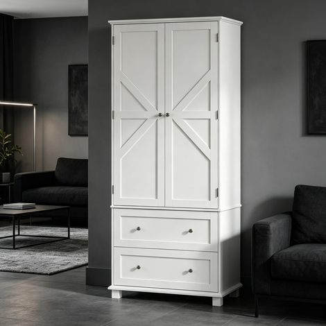 Armoire de cuisine 80x39,5x184,5 cm, 2 portes, 2 tiroirs, 6 rangements de porte, étagères réglables, MDF blanc (1/5)