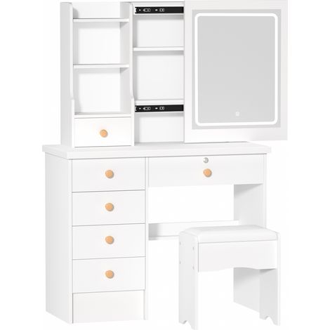 Coiffeuse avec tabouret, table de maquillage de chambre, rangement cosmétiques, 6 tiroirs, 3 étagères, rangement caché derrière le miroir. (1/5)