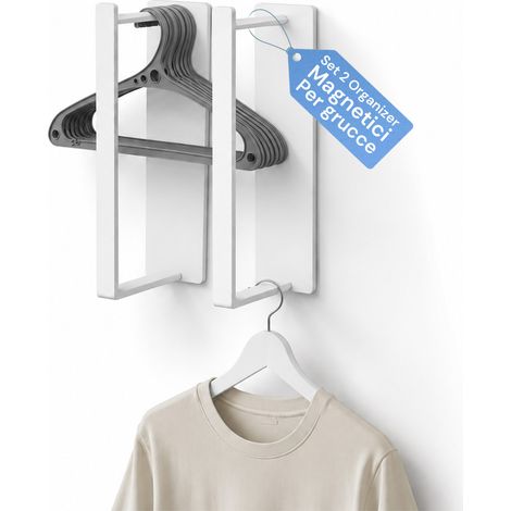 Set 2 Organizer Magnetici Per Grucce Bianchi In Acciaio, Supporto Salvaspazio Verticale Per Armadio E Cabina, Portata 10 Kg (1/5)