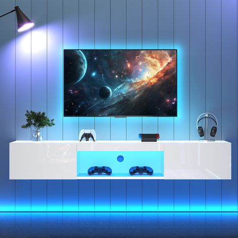 TV Hängeschrank Weiß Hochglanz für 70 Zoll, TV Board Hängend 160cm mit LED-Beleuchtung, 30kg Tragfähigkeit (1/5)
