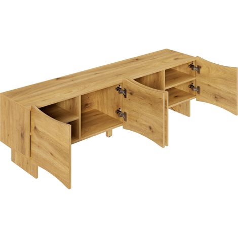 Console TV moderne en panneaux de particules bois avec motif ondulé 155 cm, 4 portes et passages câbles couleur bois (1/5)