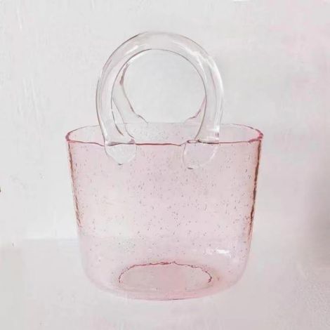 Glas Handtasche Vase, Tasche Glasvasen, Klare Handgemachte Vase, Kreative Bubble Handtasche Blumenvase, Geldbörsenvase(Rosa)