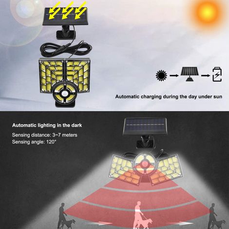 Applique murale solaire à double tête avec détecteur de mouvement, éclairage extérieur pour maison, jardin, garage et rue. Éclairage flexible et orientable. Batterie 1200 mAh. (1/2)