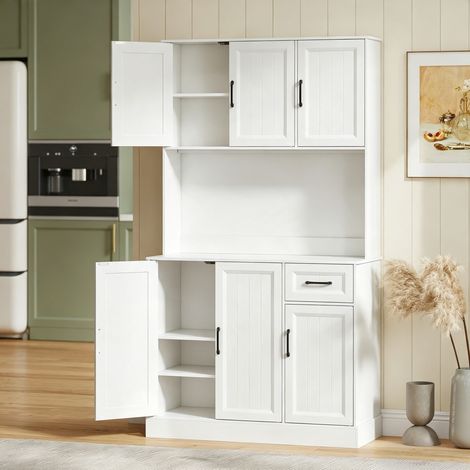 Buffet Haut Cuisine Moderne, 6 Portes, 1 tiroir, 1 Compartiment Ouvert, Étagères Réglables, 100 x 39,5 x 180,5 cm, Blanc (1/5)