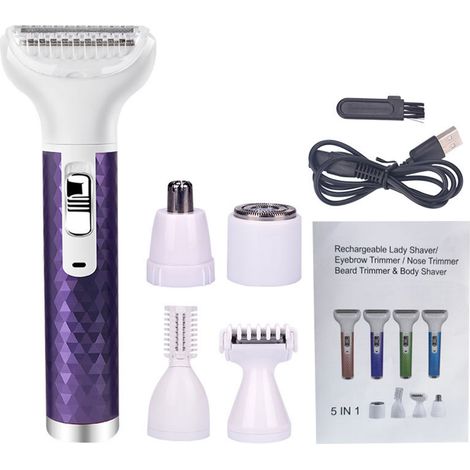 5 en 1 Tondeuse Bikini Femme Sans Fil Indolore Professionnelle Nez Oreilles Sourcils Aisselles Poils (1/5)