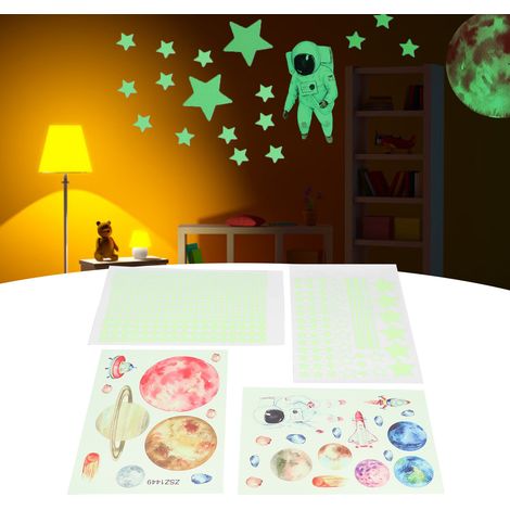 Autocollant lumineux PVC sans danger pour décoration bureau et salon - 4 stickers planètes [PVC, 20x28cm, design nuit] (1/5)