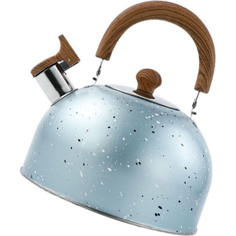 Bouilloire en acier inoxydable avec sifflet, grande capacité, fond plat, compatible avec les plaques de cuisson à gaz et à induction, 2 L, bleue. (1/5)