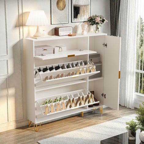Meuble à chaussures 20 paires 3 portes - 110 x 24 x 118.5 cm - Blanc - Armoire à Chaussures Commode à Chaussures 2 abattants - Poignées et pieds dorés