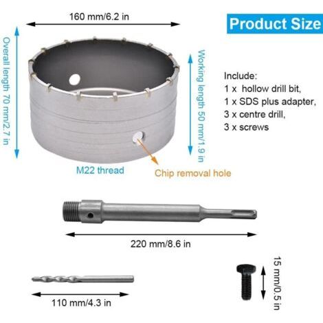 NALOOKAMIC 160mm Scie à Cloche Bi-Metal pour Carrelage Beton, Scies Cloches Carotteuse Trépan Beton, avec Adaptateur SDS Plus 220 mm et 3 Foret de Centrage 110 mm (160MM)
