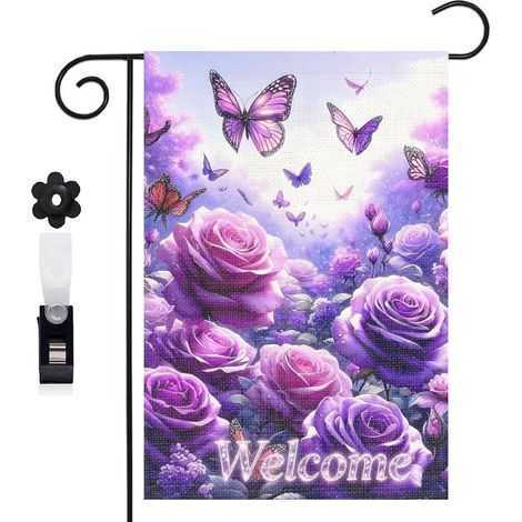 Drapeau vertical Welcome et papillons violets 30 x 45 cm décoration jardin d'été (1/5)
