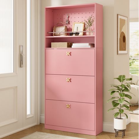 Schuhschrank mit 3 Klappen und 2 offenen Fächern, rosa, 80 x 24 x 178,5 cm, OKMYHOME (1/5)