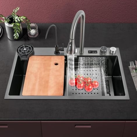 Wasserfall Küchenspülbecken Nano Edelstahl Spülbecken mit ausziehbarem digitalen Wasserhahn, schwarz, 75  46  20cm (1/5)