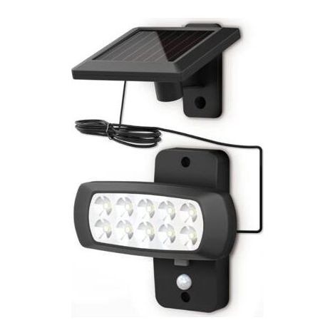 Lampe solaire LED extérieur IP44, détecteur de mouvements PIR, projecteur mural maison terrasse balcon noir, protégé contre des éclaboussures, lumière blanche froide 6500K (1/4)