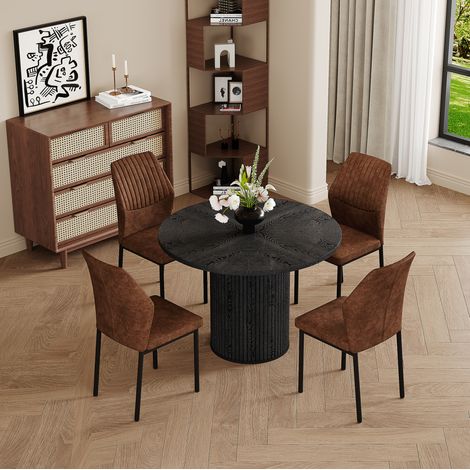 Table à manger ronde en MDF et set 4 chaises en tissu marron et noir, style moderne (1/5)