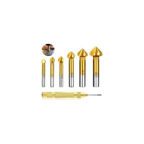 Jeu de 6 fraises à 90° pour perceuse – Acier HSS avec revêtement titane – Diamètre 6,3-20,5 mm – Poinçon centrage automatique en laiton (1/5)