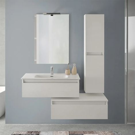 Mobile bagno sospeso 80 rovere bianco con 2 cassetti e pensile Nadia (1/5)